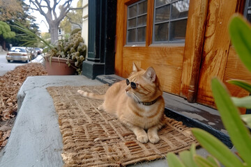 Serene Sidewalk Siesta: Ginger Cat in Repose - obrazy, fototapety, plakaty