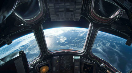 View from a space shuttle cockpit with Earth visible through the windows as it orbits the planet