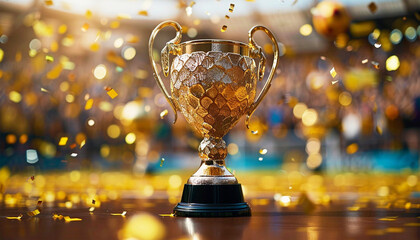 Gold champion trophy, Golden trophy with falling golden confetti, Victory concept Golden sports...