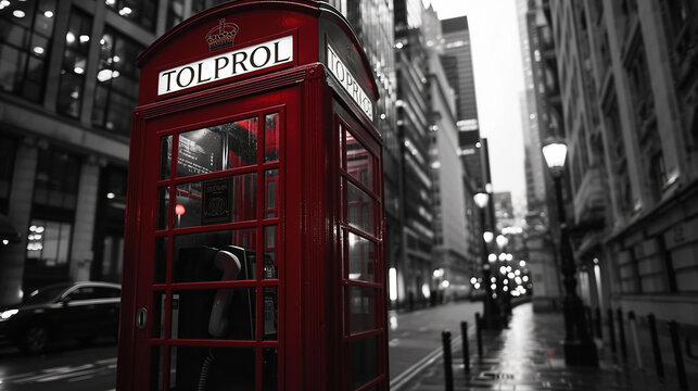 cabine telefonica  retrô vermelha canva na cidade preto e branco