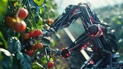 A robotic harvester picking fruits or vegetables, demonstrating the accuracy and speed of...