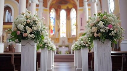 Bright chapel with white pews lined with vibrant floral arrangements, ready for a wedding ceremony