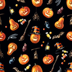 Happy Halloween Pumpkin  lantern seamless pattern. Hand drawn watercolor illustration isolated black background - 779959922