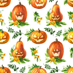 Happy  Halloween Pumpkin  lantern seamless pattern. Hand drawn watercolor illustration isolated on white background - 779959936