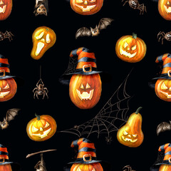 Happy Halloween Pumpkin lantern seamless pattern. Hand drawn watercolor illustration on dark background - 779959945