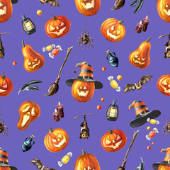 Happy Halloween Pumpkin  lantern seamless pattern. Hand drawn watercolor illustration isolated on white background - 779959952