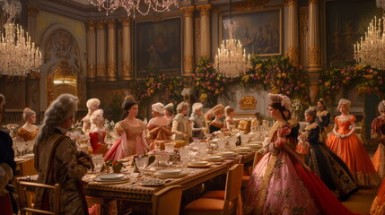 Fototapeta na wymiar Noble Lords and Ladies in Lavish Attire at Royal Banquet, Whispers of Court Intrigue