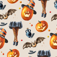 Happy Halloween Pumpkin lantern seamless pattern. Hand drawn watercolor illustration, isolated on white background - 779959966