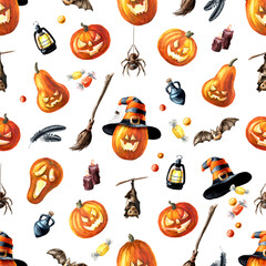 Happy Halloween Pumpkin  lantern seamless pattern. Hand drawn watercolor illustration isolated black background
