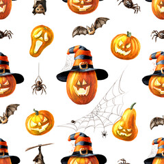 Happy Halloween Pumpkin lantern seamless pattern. Hand drawn watercolor illustration on dark background - 779959975