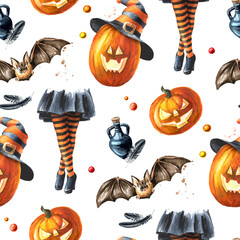 Happy Halloween Pumpkin lantern seamless pattern. Hand drawn watercolor illustration, isolated on white background