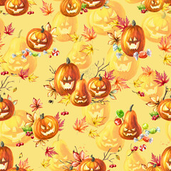 Happy Halloween Pumpkin seamless pattern. Hand drawn watercolor illustration - 779959997