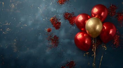 silver and gold balloons with confetti on dark grey background