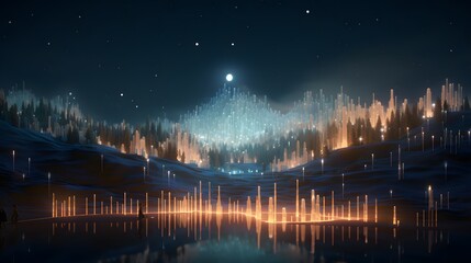 Illustrate a crismis lights display with AI-generated characters creating intricate light patterns in a digital landscape