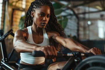 A woman using a rowing machine, promoting the benefits of cardio and upper body workout. - obrazy, fototapety, plakaty