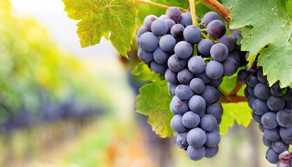 Fototapeta premium Close-up of bunches of ripe red wine grapes on vine in fall, vineyard, wine banner background concept