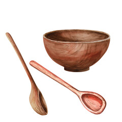 Wooden plate with spoons in watercolor illustration on a white background. Hand-drawn illustration of bowl with vegetables for cookbooks, canning and organic food recipes, agricultural shows.