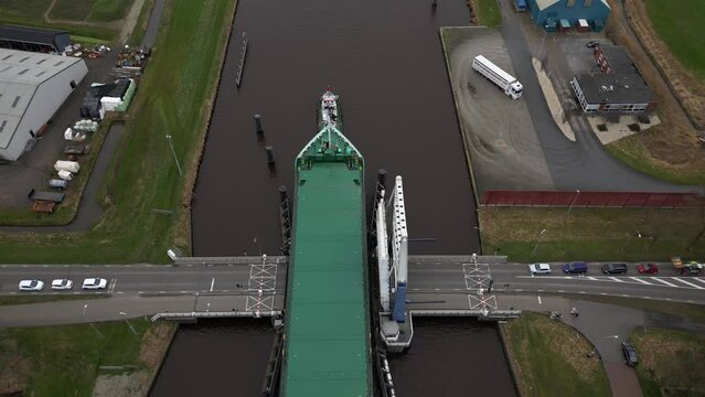 Aerial video of cargo ships in Appingedam Netherlands