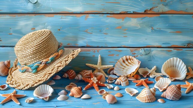 seashells on blue wooden plank with straw hat 