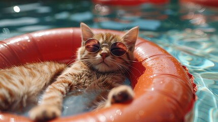 Cool cat wearing sunglasses floating blissfully in a swimming pool on a hot summer's day.