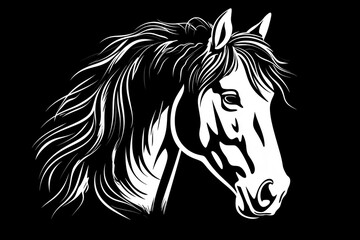 Black and white vector-style face of a horse isolated on a solid background.