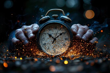 Time running out, a hand holding a clock disintegrating