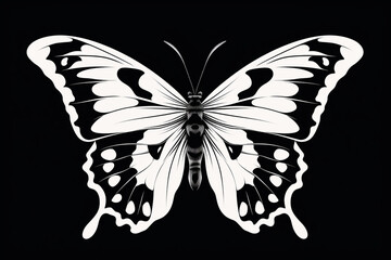 Black and white vector-style face of a butterfly isolated on a solid background.