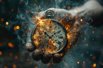 Time running out, a hand holding a clock disintegrating - obrazy, fototapety, plakaty