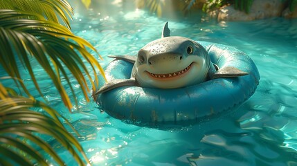 Cute cartoonish shark floating in a pool ring in a swimming pool. Hot summer's day.
