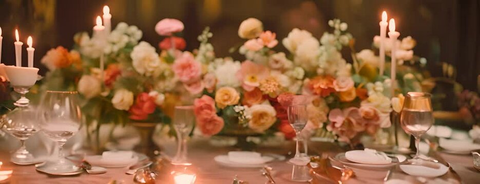 close up of wedding reception table setting with flower arrangements 4K Video