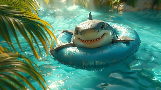 Cute cartoonish shark floating in a pool ring in a swimming pool. Hot summer's day.
