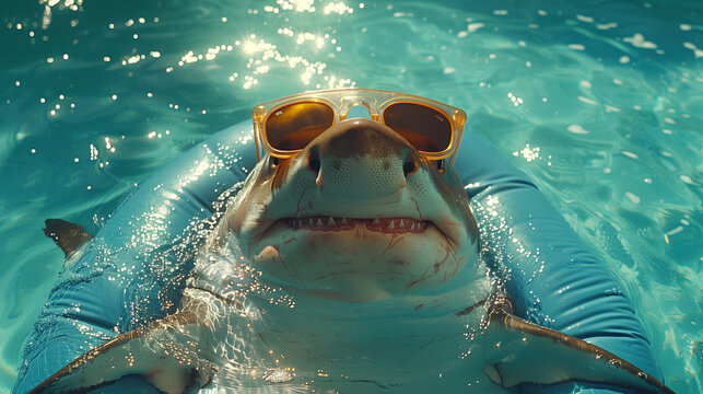 Cute cartoonish pool shark with sunglasses floating in a pool ring in a swimming pool. Hot summer's day.