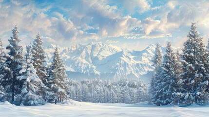 Fototapeta na wymiar a winter wonderland with a border of majestic evergreen trees against a snowy alpine backdrop.