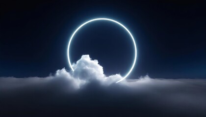  abstract cloud illuminated with neon light ring on dark night sky. Glowing geometric shape, round frame 