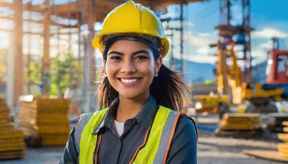  Confident female construction worker at a work site, with a genuine smile reflecting job satisfaction and professionalism