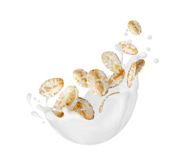 Tasty cereals in milk splashes close up isolated on a white background