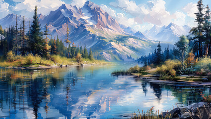 Fototapeta na wymiar Digital art - Painting of a lake, trees and mountains