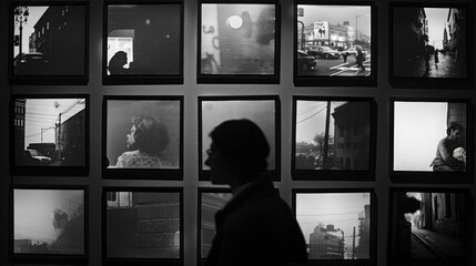 A series of black and white photographs arranged in a grid, telling a visual story of everyday moments.