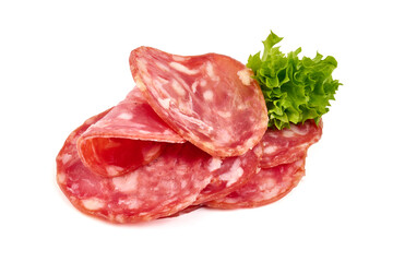 Cured salami sausage, Italian sausage, isolated on white background