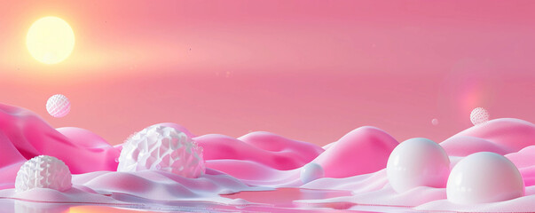 Stunning 3D featuring pink-toned waves interspersed with floating spheres