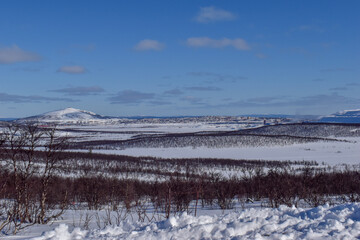 Aerial sunny winter view of Kiruna and Kirunavaara, Lapland, Norrbotten County, Sweden,