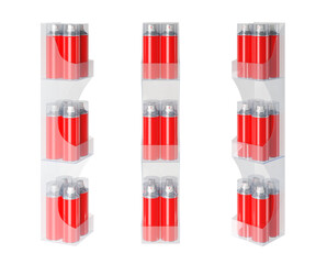 Retail stripe tape, showcase mockup with red aerosol cans. 3d illustration set
