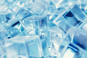 transparent 3d blue glass cubes background, geometric 3d crystals with copy space