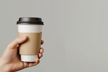 mockup of hand holding a coffee paper cup with blank label isolated on light grey background