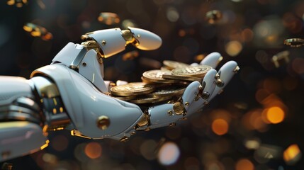 A 3D render of a robot hand offering a pile of digital coins, symbolizing the future of automated finance , cinematic