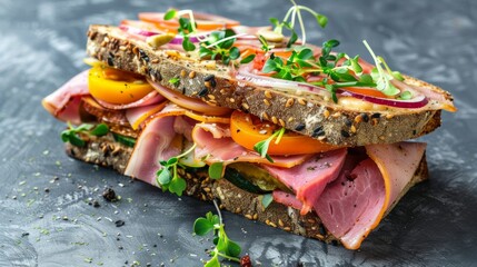 Danish dishes: Smerrebred sandwiches, a slice of bread, sauce, meat or fish base, vegetables, herbs, cheese, ham.  - obrazy, fototapety, plakaty