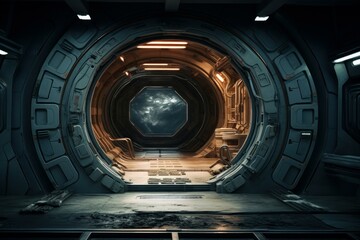 Smooth-operating Spaceship sliding doors. Wall portal. Generate Ai - obrazy, fototapety, plakaty