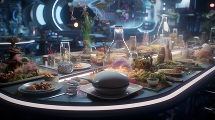Illustrate a futuristic crismis feast where AI entities gather around a digital table, sharing algorithmically crafted dishes - obrazy, fototapety, plakaty