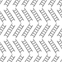 Hand drawn ladders on white backdrop vector seamless pattern. Linocut style illustration of black outlined ladders arranged in zigzag rows on white background.