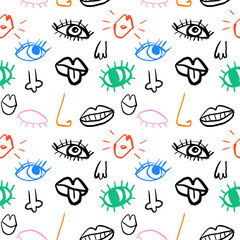 Colorful eyes, lips, noses seamless pattern in blue, green, pink, orange, black colors, hand drawn quirky doodle vector background